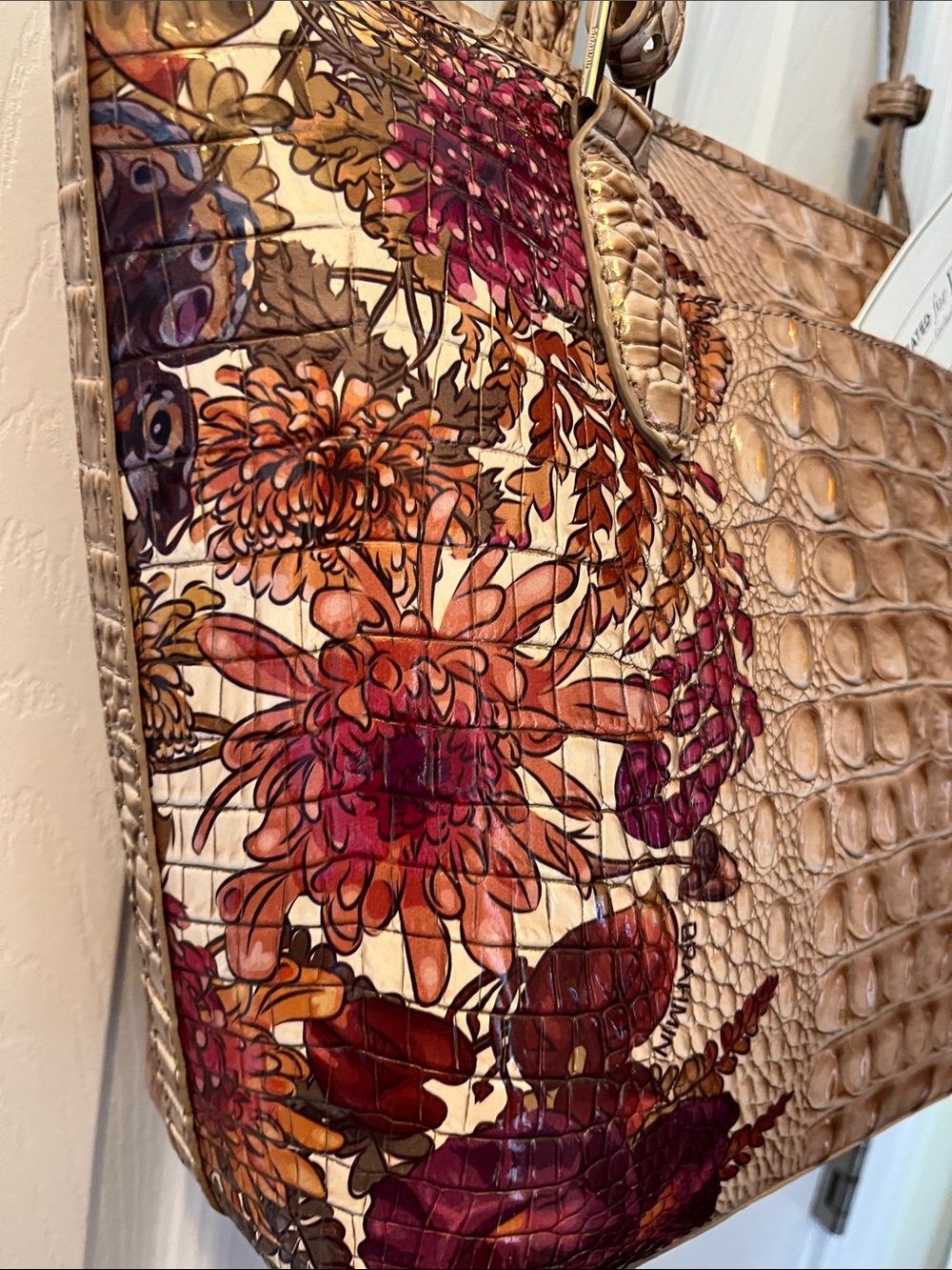 NWT~Brahmin Beige Floral Embossed Croc-Effect Tote with Purple Accents